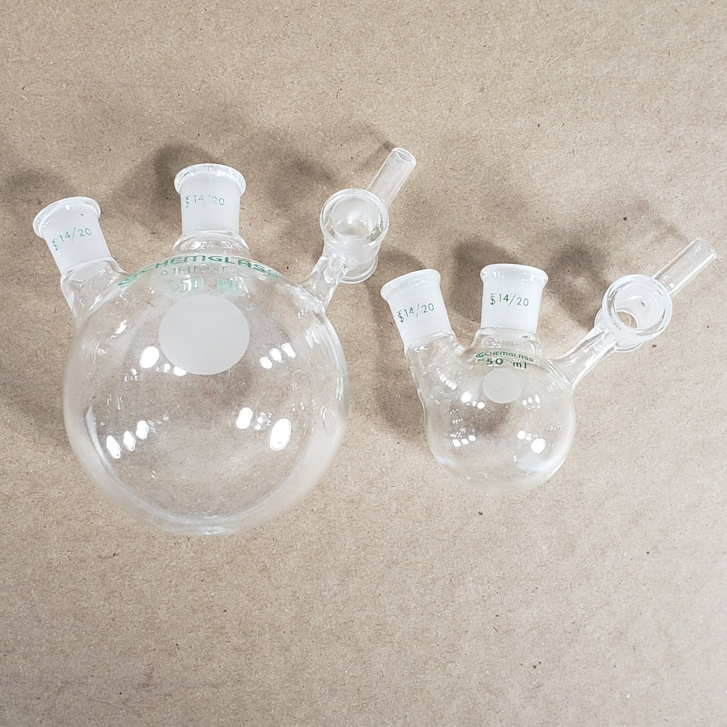 Set of 2 Chemglass AF-0530-03/01 250/50mL CN & SN 14/20 Round Bottom Flask
