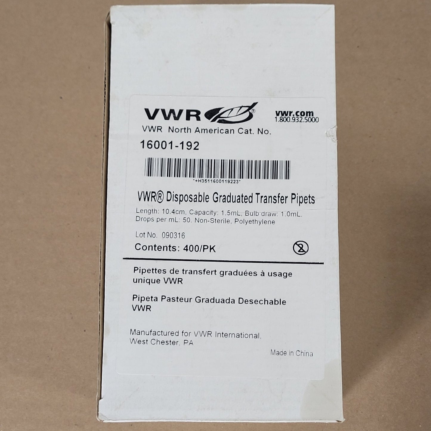 VWR 16001-192 Disposable Polyethylene 1.5mL Transfer Pipettes Box of 400