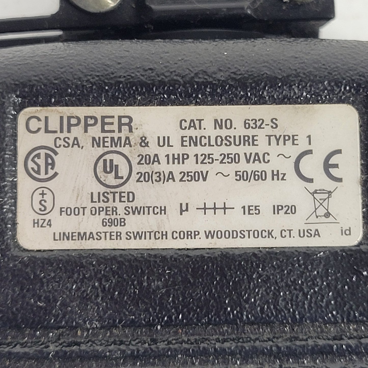 Electric Foot Operator Switch, 20A, 1HP, Cast Iron, Good Condition