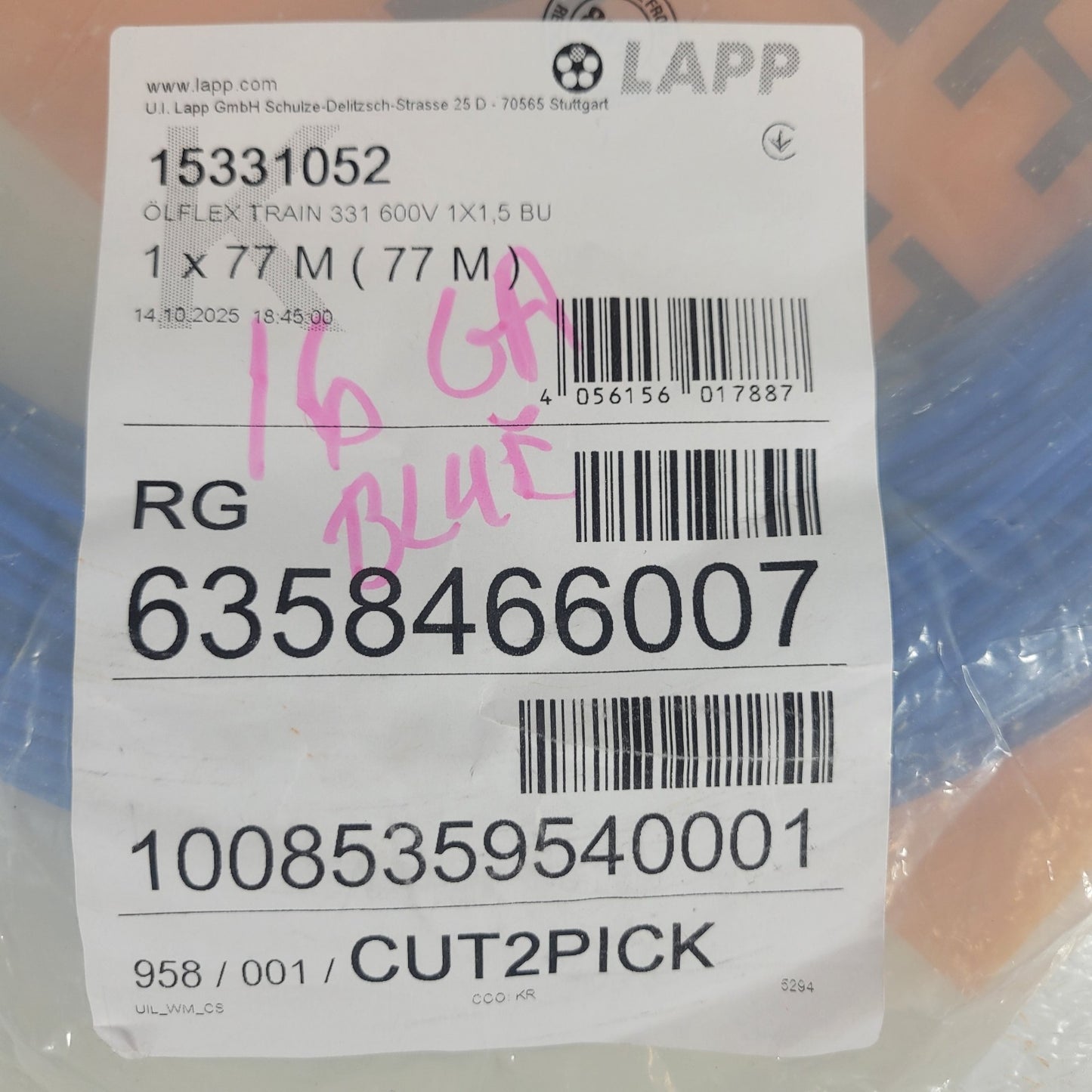 LAPP 15331052 OLFLEX TRAIN 331 600V 1x1.5mm Blue Rail Wire 240ft