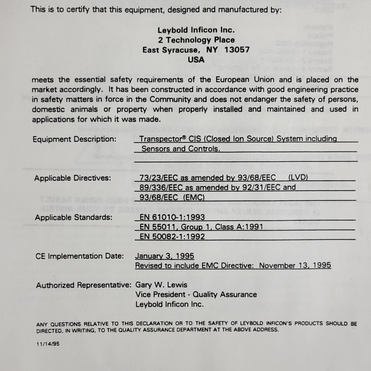 Leybold 074-210 Closed Ion Source Transpector & Sampling System User Guide 1995