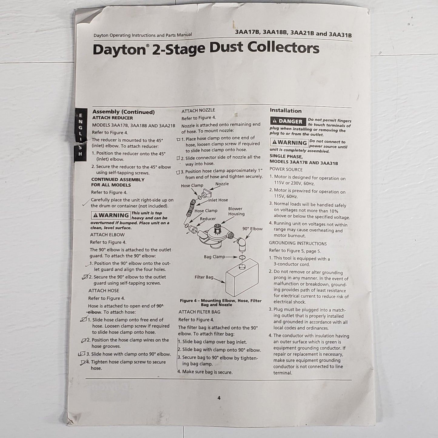Dayton 3AA31B 2-Stage Dust Collector 3/4HP 600 CFM 115/230V Manual