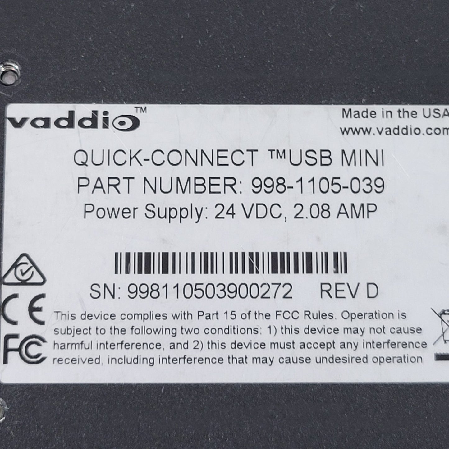 VADDIO 9981105039 Quick-Connect USB Mini, 24V DC, USB Type-A To Type-B