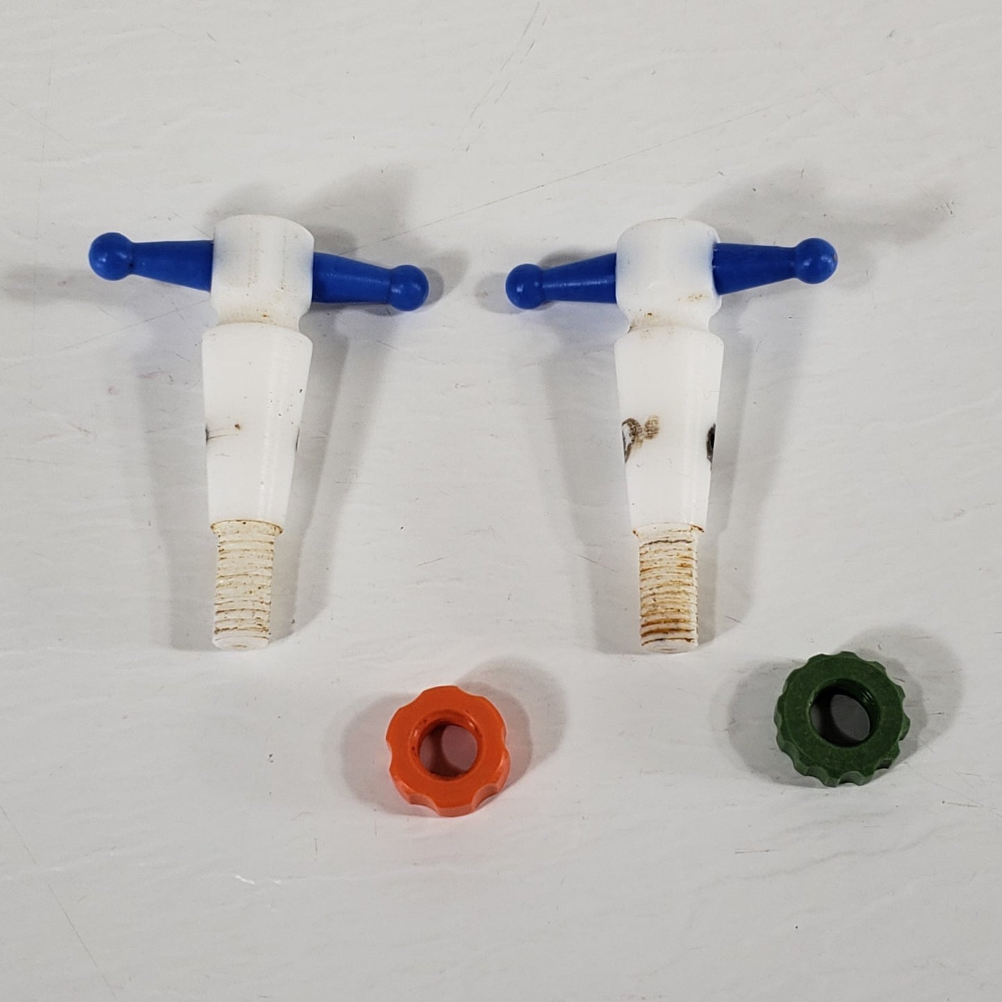 Two PTFE 13/24mm 2mm Bore Tapered Stopcocks, Blue w/Color Mismatch Screw-In Nuts