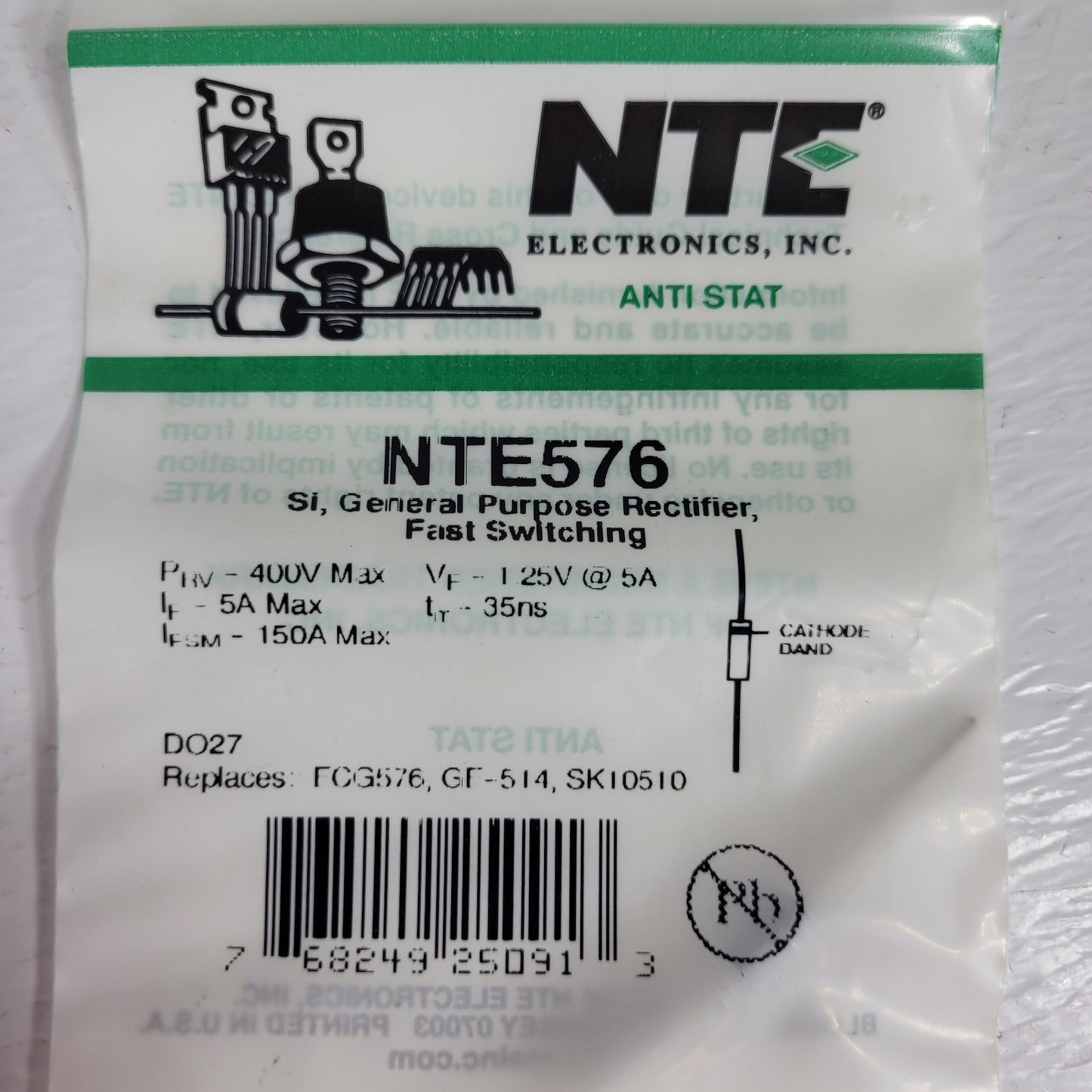 6x NTE NTE576 Silicon Fast Recovery Rectifier Diode 400V 5A DO-27