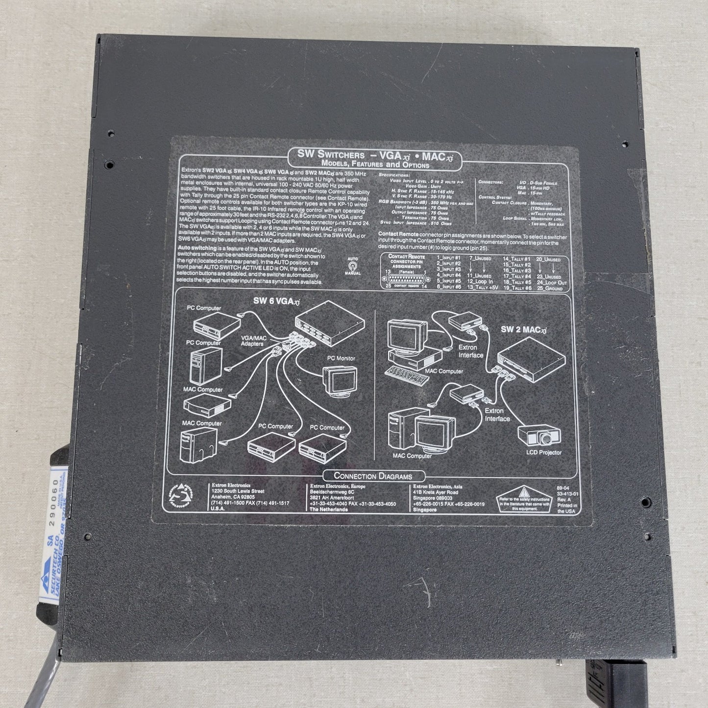 EXTRON SW5VGAxi Switch, Four 15-Pin Inputs, 15-Pin Output, 25-Pin Contact Remote