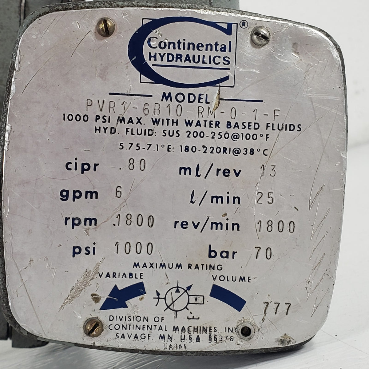 Continental PVR1-6B10-RM-O-1-F Hydraulic Vane Pump 6 GPM 1000 PSI Untested