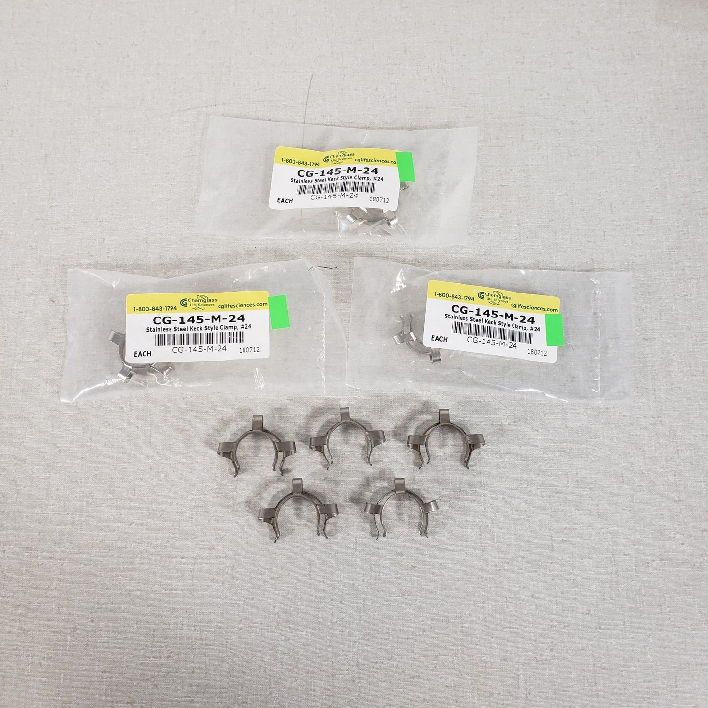 Lot Of 8 Chemglass CG-145-M-24 Stainless Steel Keck Style Clamps Size #24