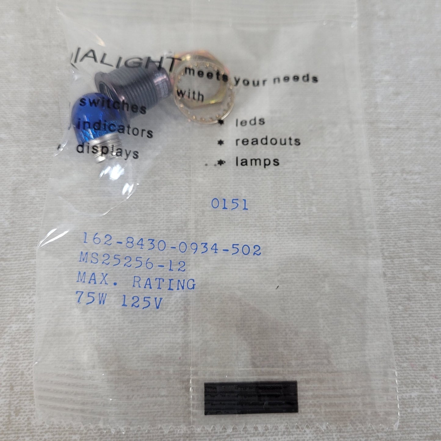 Dialight 162-8430-0934-502 Indicator Lamp Bulb Panel Mount Assembly MS25256-12