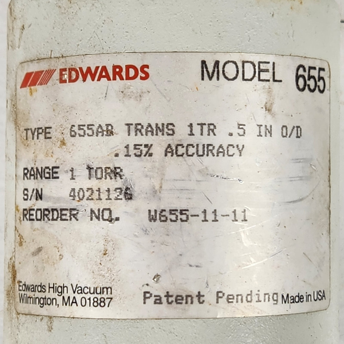 EDWARDS 655AB High-Precision Manometer Vaccum Pressure Transducer, 1 Torr Range