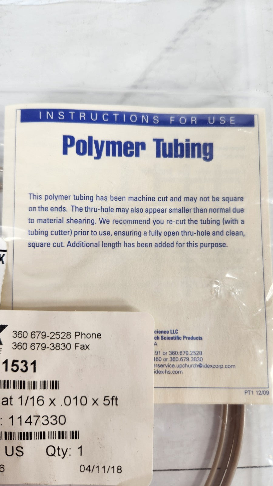 IDEX Upchurch 1531 PEEK Tubing 1/16" OD x .010" ID x 5ft Natural HPLC