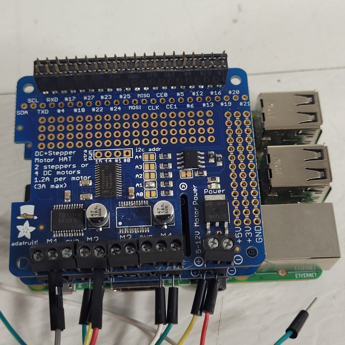 Raspberry Pi 3 Model B+ 1GB w/ 2 Adafruit DC Stepper Motor HATs 2348