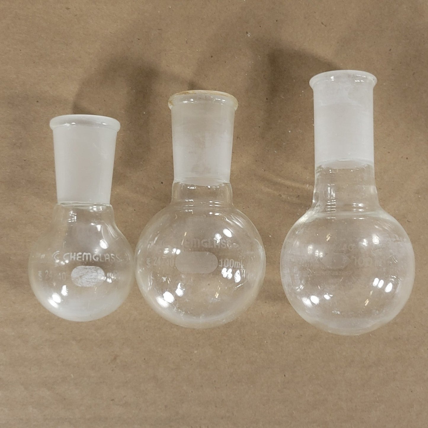 Chemglass CG-1506-05/CG-1506-02 Round Bottom Boiling Flasks 2x100mL & 1x50mL