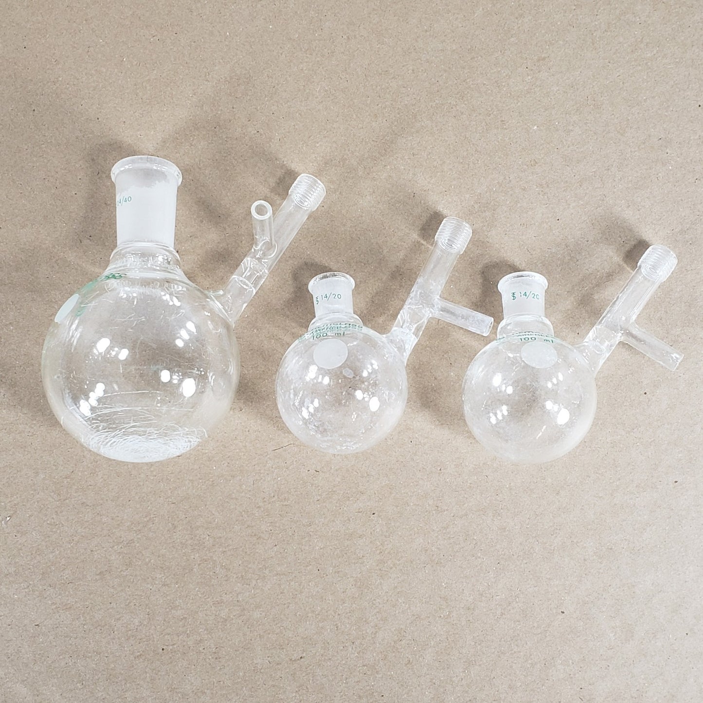 Lot of 3 Chemglass AF-0529-04/02 250/100mL Round Bottom Flasks CN 24/40 14/20