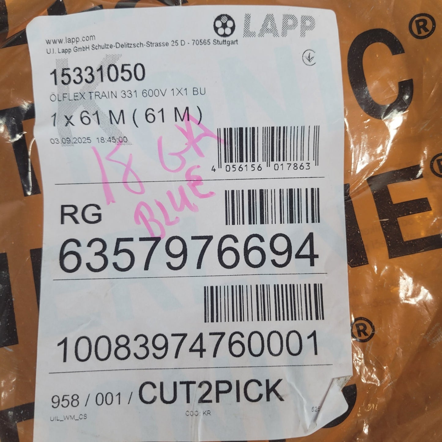 140 ft LAPP 15331050 ÖLFLEX TRAIN 331 600V 1x1 BU Blue Rail Wire Cable