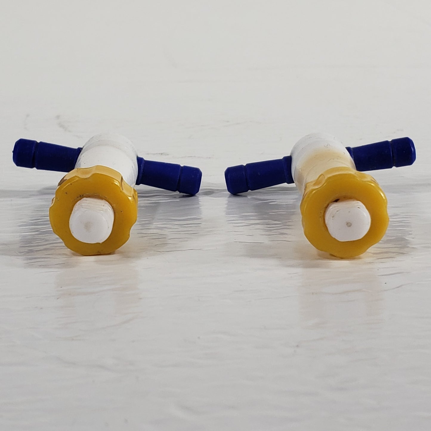 Two PTFE 13/24mm 2mm Bore Tapered Stopcocks, Blue w/Yellow Screw-In Nuts