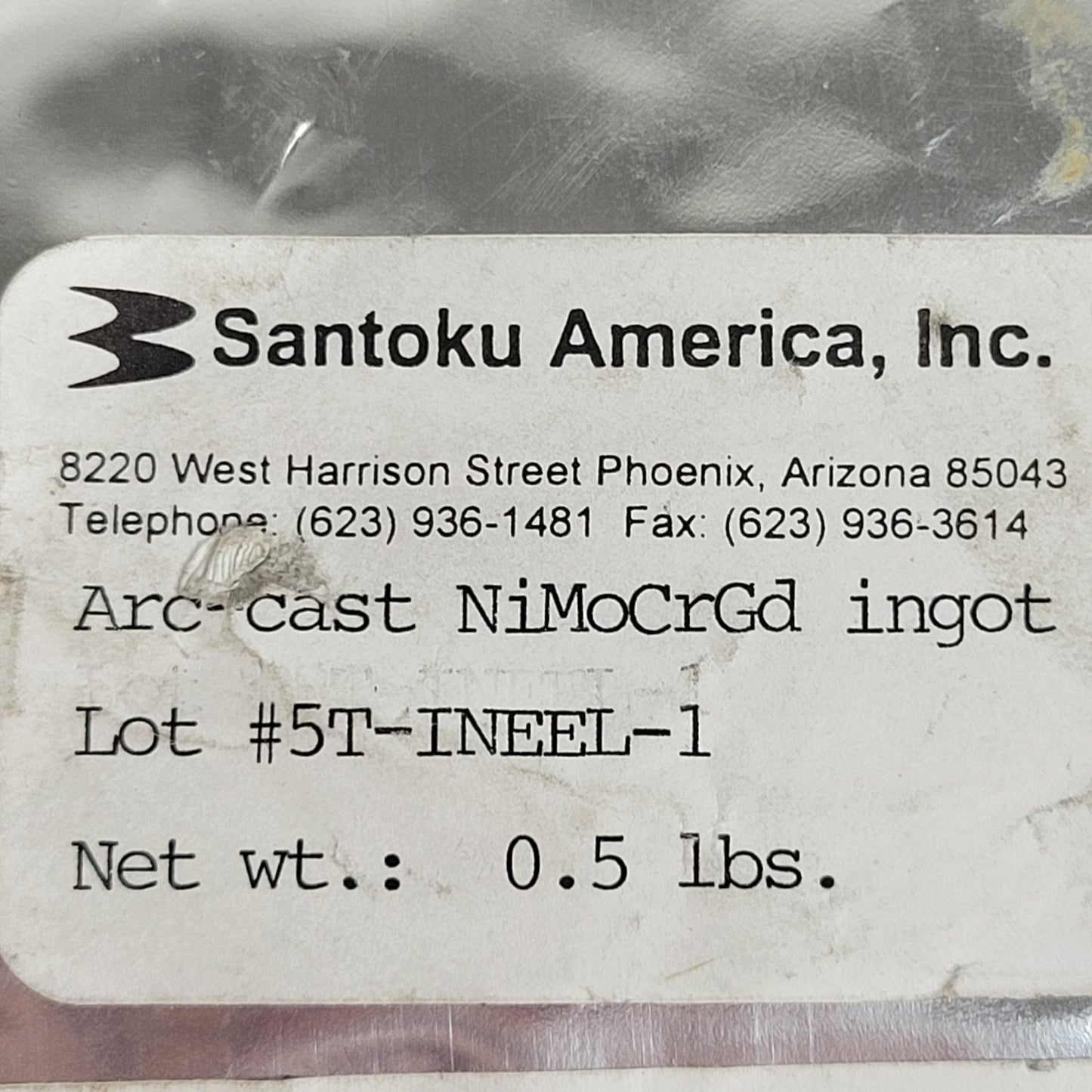 Santoku NiMoCrGd Arc-Cast Nickel Chromium Molybdenum Gd Alloy Chunks Piece 0.5lb