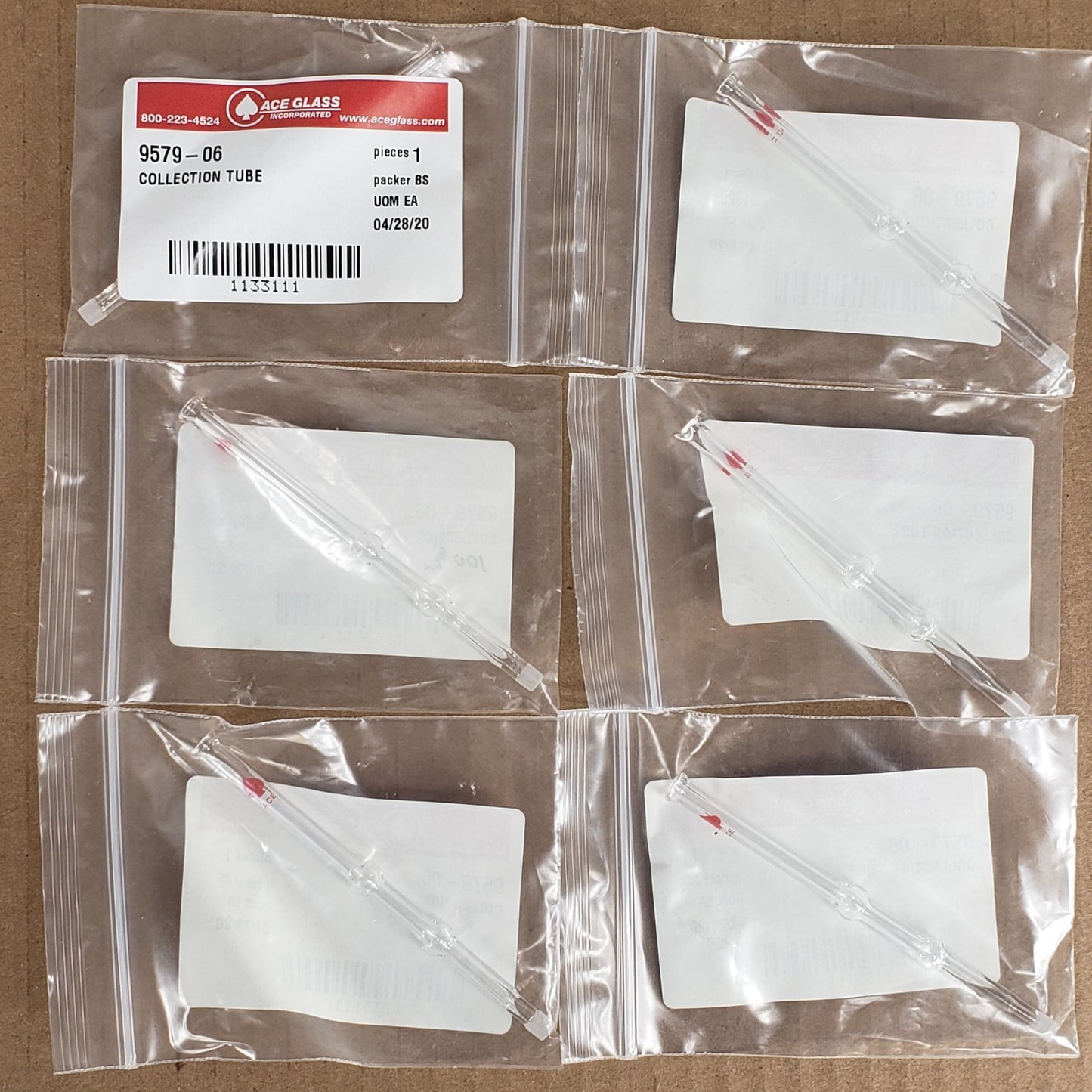 Lot Of 6 Ace Glass 97579-06 Collection Tubes 5/5M Outer Joints 0.1mL Tranfer
