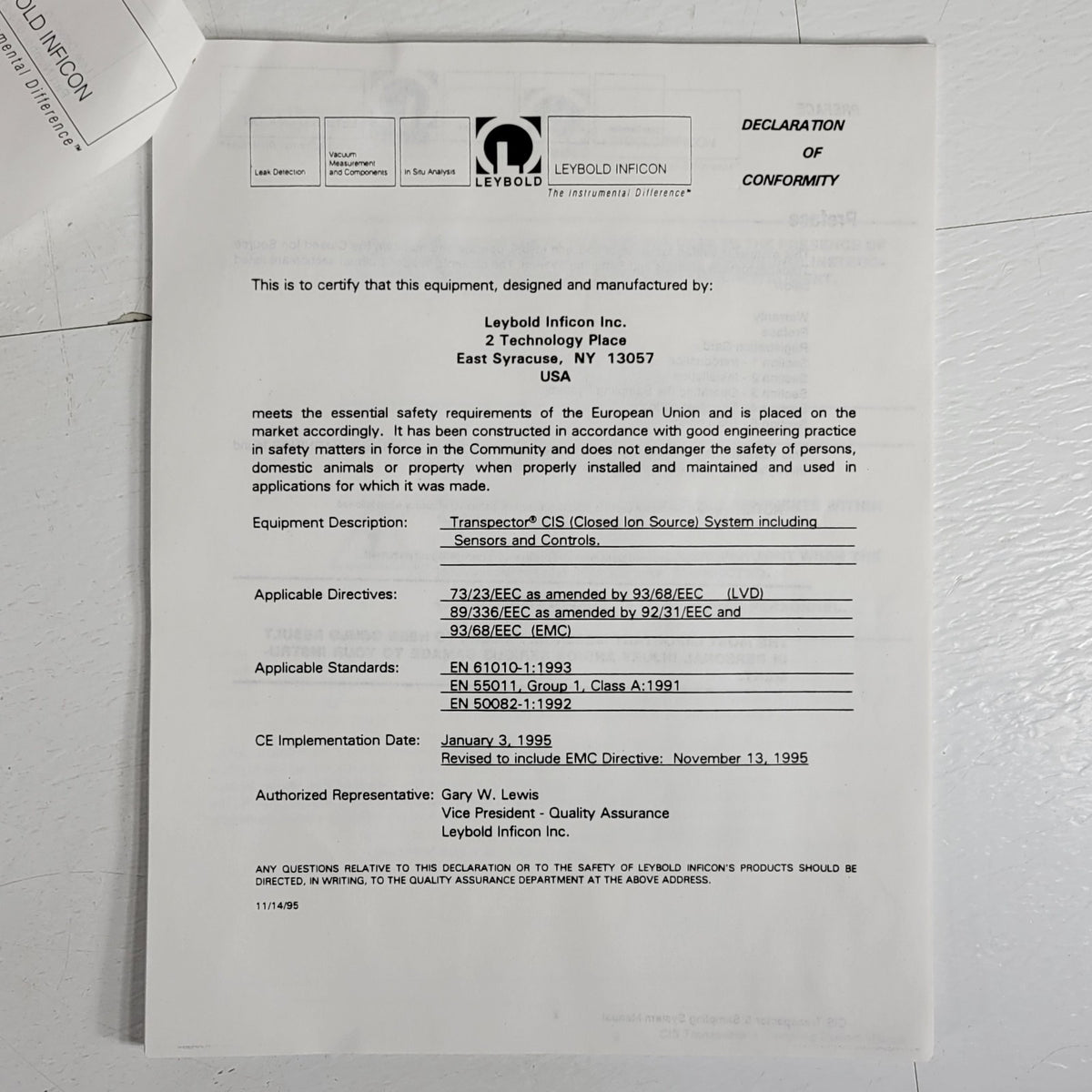 Leybold 074-210 Closed Ion Source Transpector & Sampling System User Guide 1995