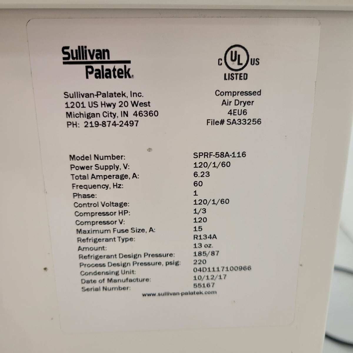 TESTED Sullivan Palatek SPRF58A-116 58 CFM Refrigerated Air Dryer 120V