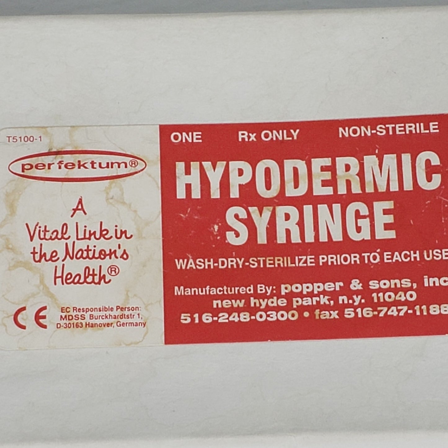 POPPER & SONS 5177 Perfektum Glass 100cc Luer Lock Tip Hypodermic Glass