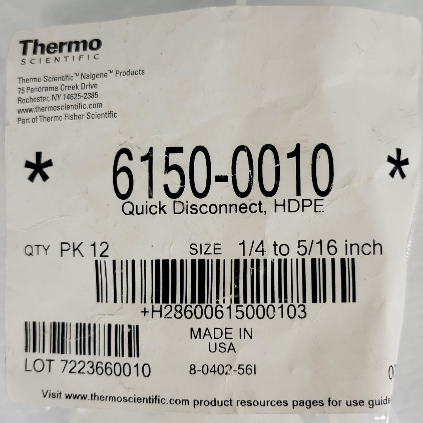 Thermo Scientific 6150-0010 Quick Connect HDPE 1/4" To 5/16" Pack Of 12