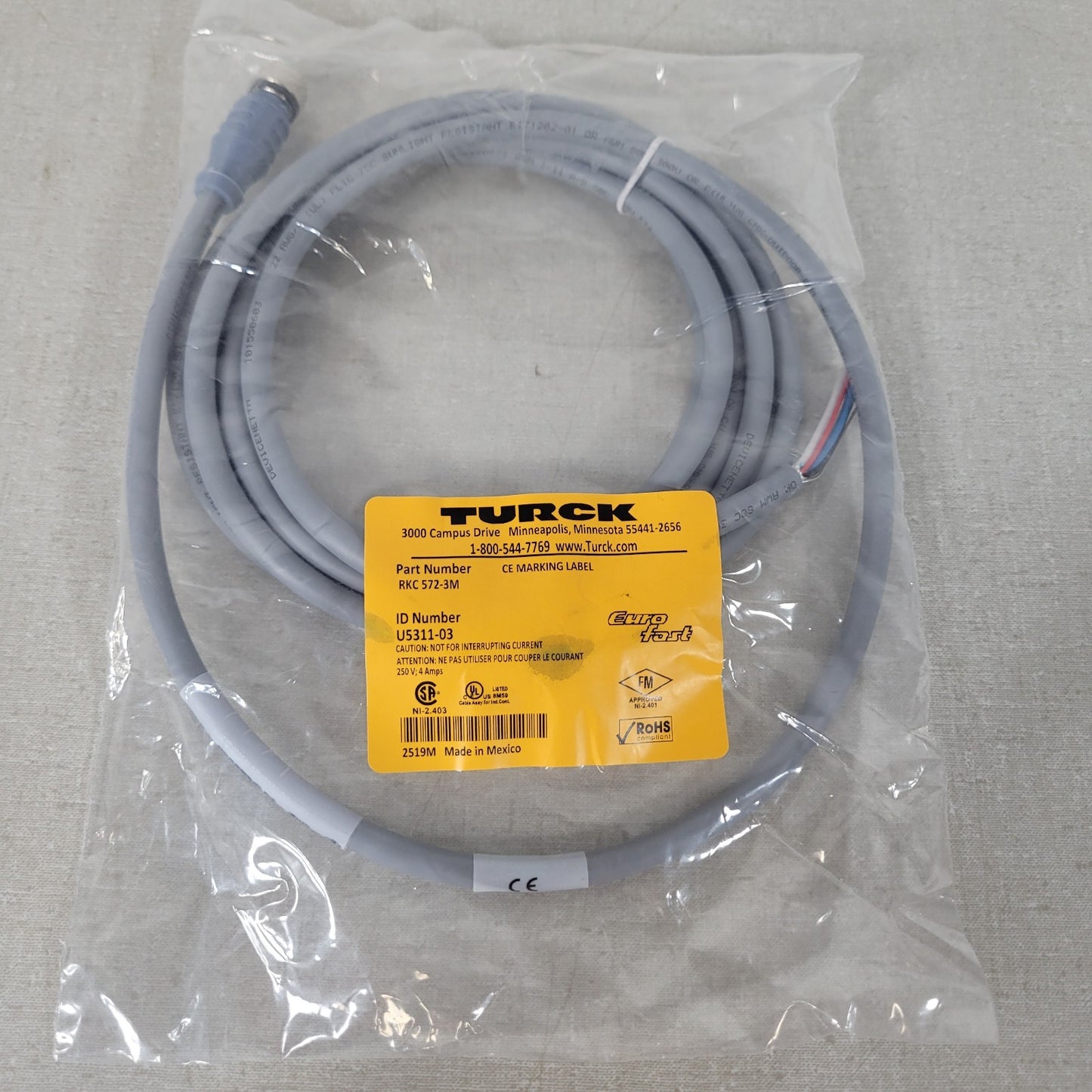 Turck RKC 572-3M Eurofast Female Cordset M12 Pigtail Cable 3 Meter