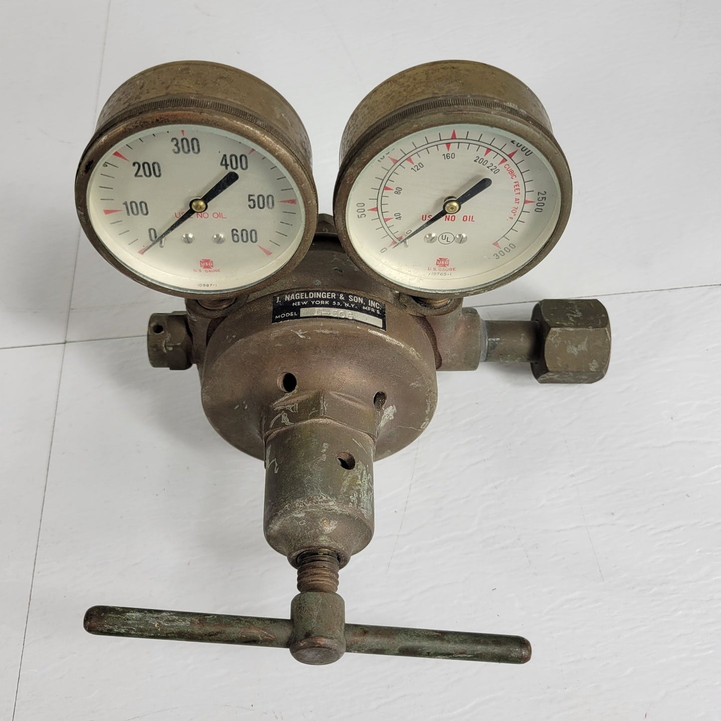 J Nageldinger & Son N-506 Brass Dual Gauge Gas Pressure Regulator Vintage
