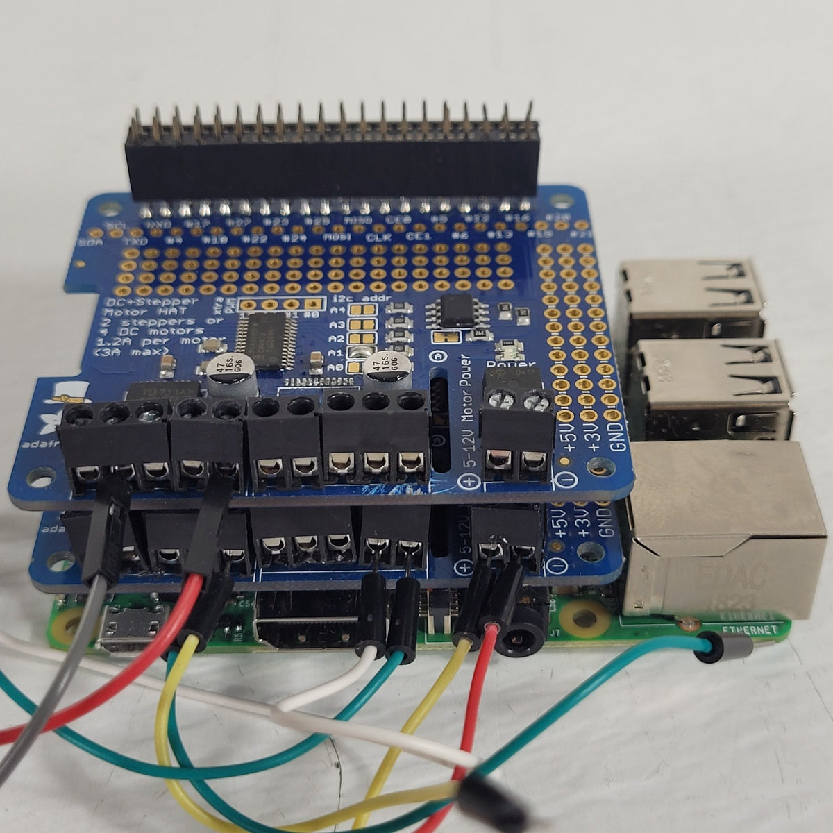 Raspberry Pi 3 Model B+ 1GB w/ 2 Adafruit DC Stepper Motor HATs 2348