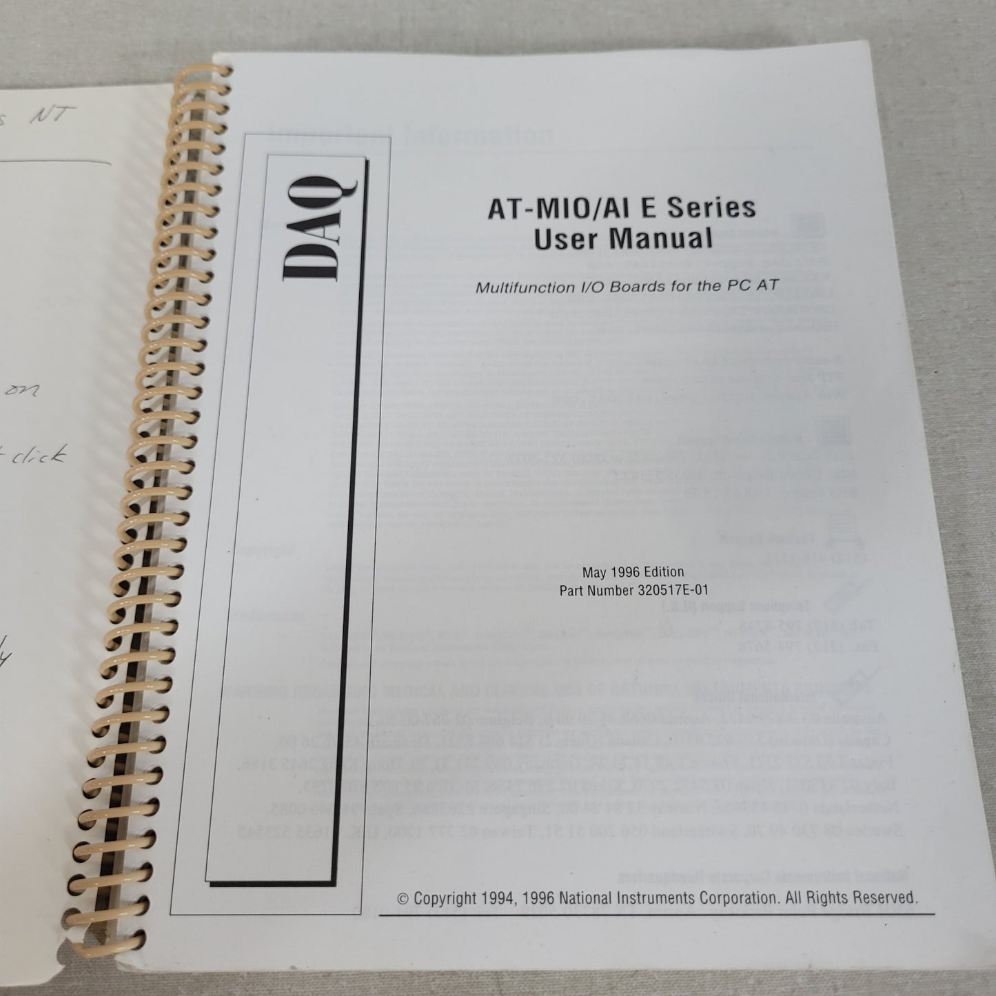 National Instruments 320517E-01 AT-MIO/AI E Series DAQ User Manual May 1996 OEM