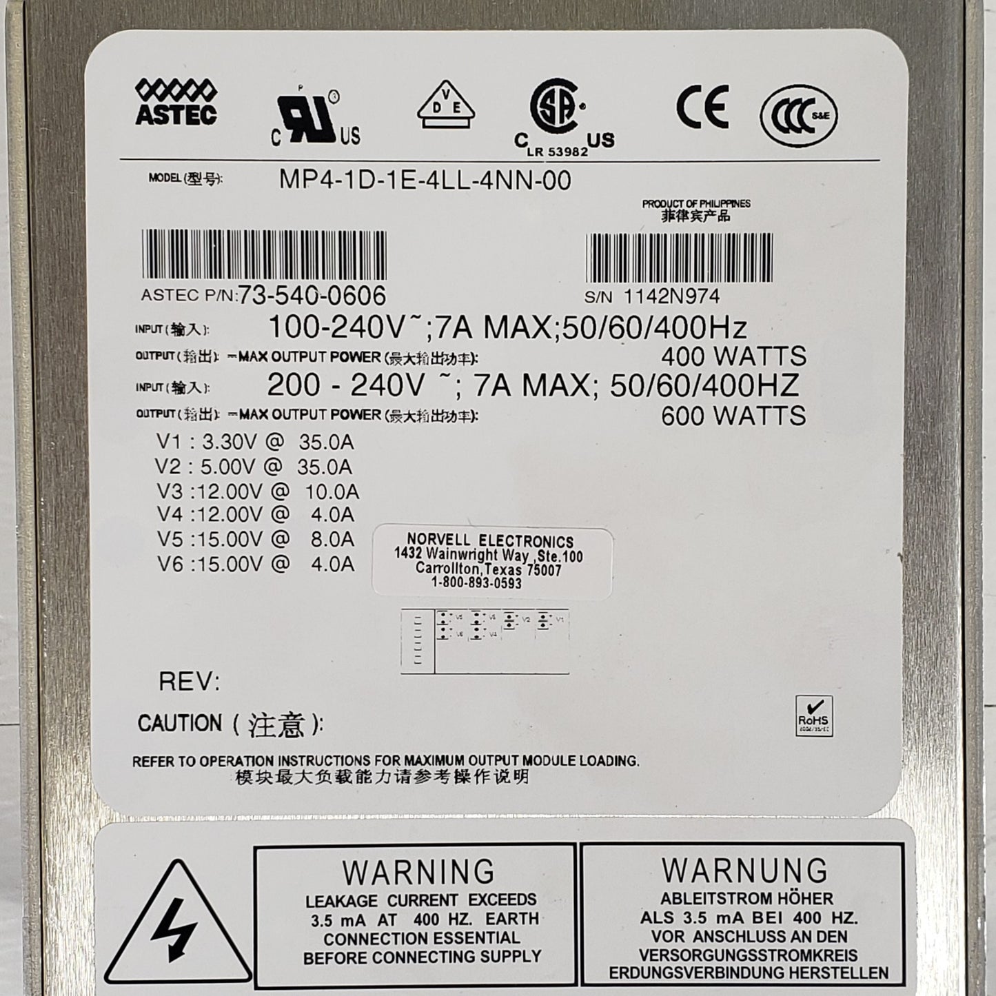 ASTEC MP4-1D-1E-4LL-4NN-00 6-Output Modular Power Supply 400W/600W