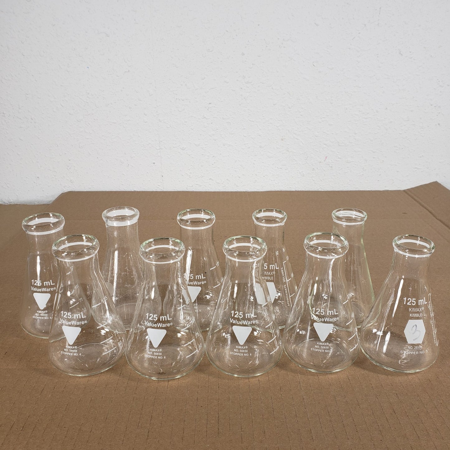 Lot Of 10 Valueware/Kimax/Pyrex 56650/26500/4980 125mL Erlenmeyer Flasks No. 6/5