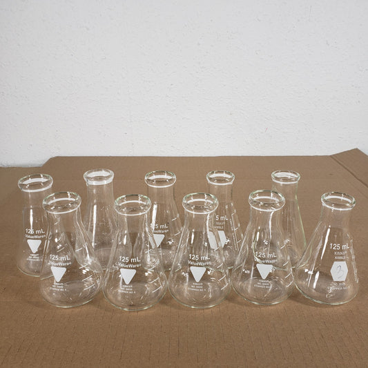 Lot Of 10 Valueware/Kimax/Pyrex 56650/26500/4980 125mL Erlenmeyer Flasks No. 6/5