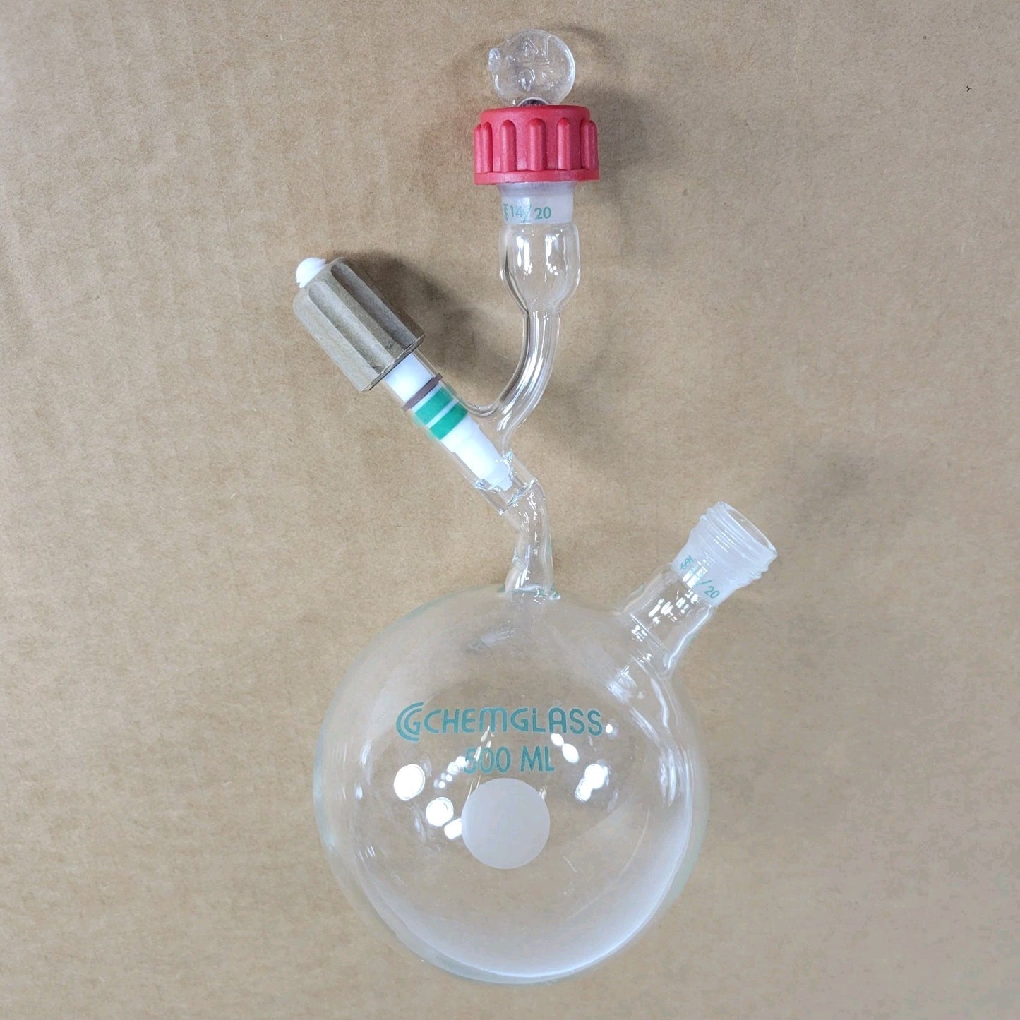 Chemglass 500mL Airfree Schlenk Storage Flask 14/20 Sidearm 0-8mm Chem-Cap Valve