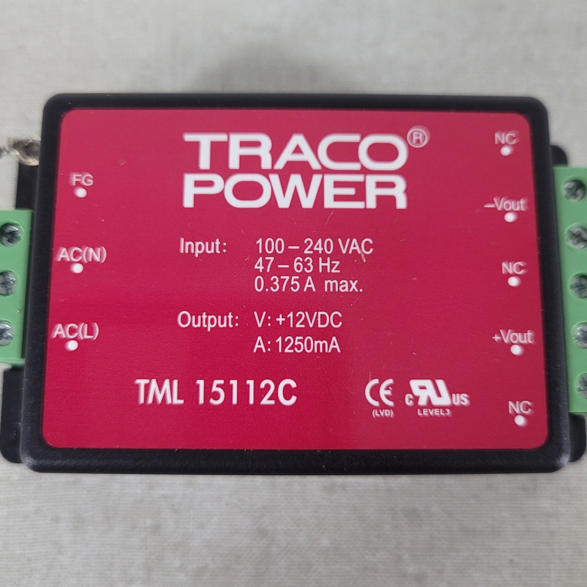 TRACO Power TML15112C 15W 12V 1.25A AC/DC Encapsulated Power Supply