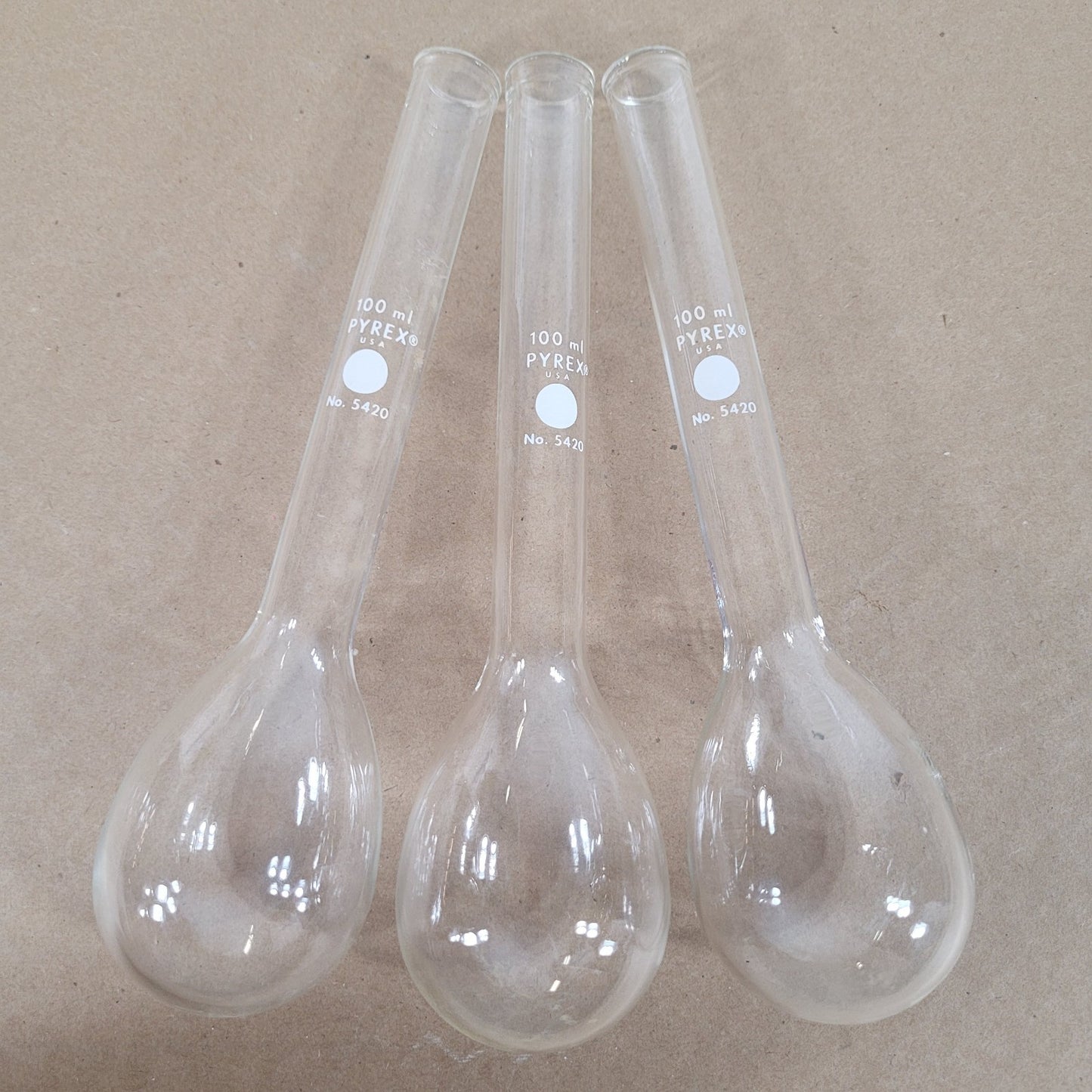 LOT 3 Corning PYREX 5420-100 100mL Round Bottom Kjeldahl Flasks Long Neck