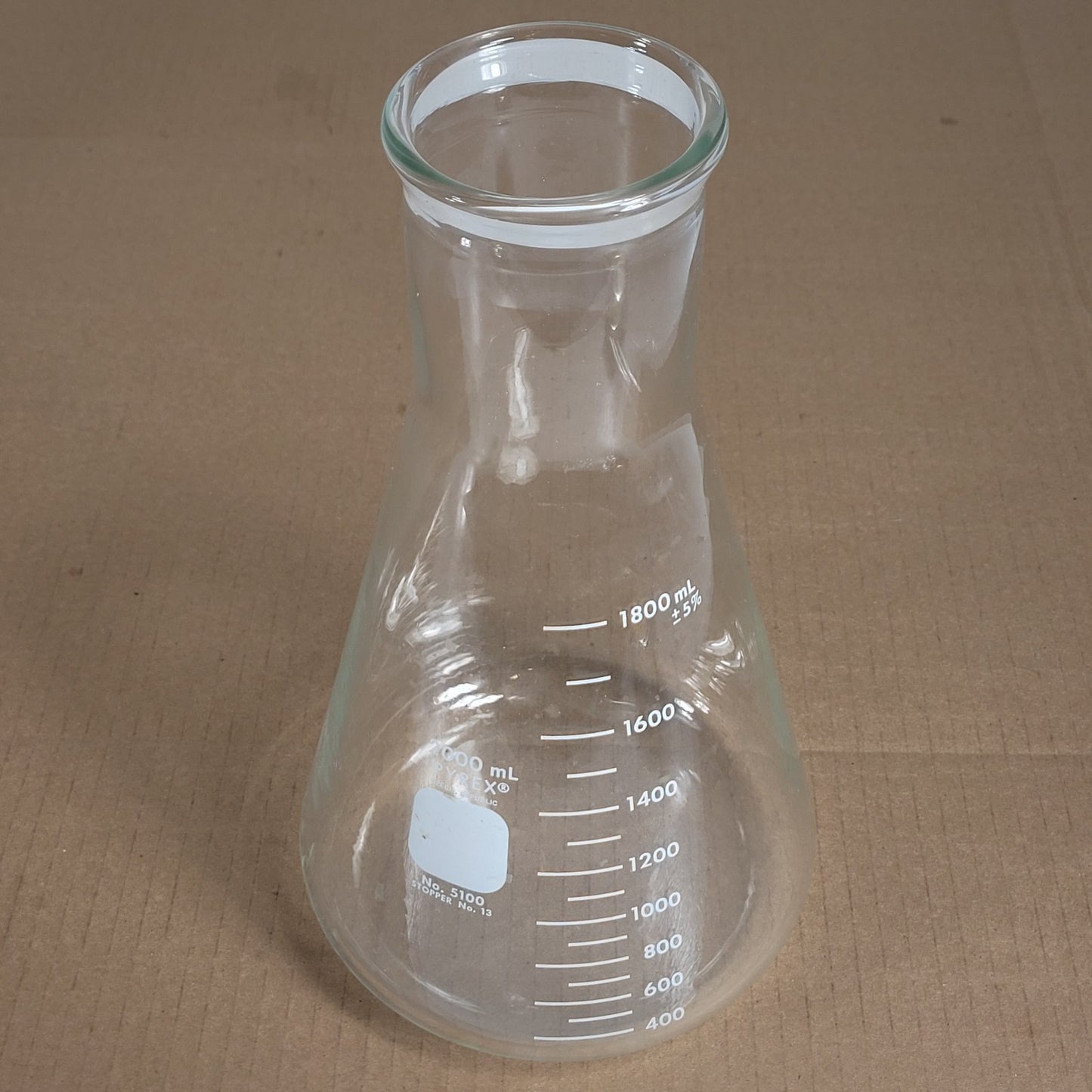 Corning Pyrex No. 5100 Glass 2000mL Erlenmeyer Flask w/Stopper Opening Size 13