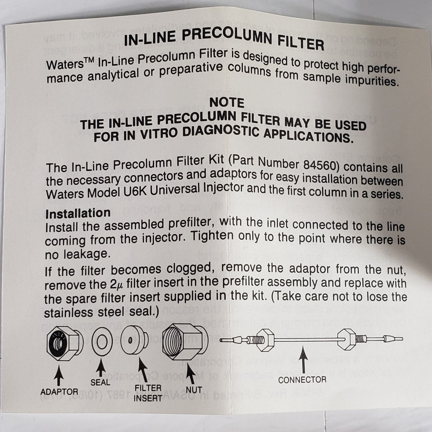 Waters 84056 85477 84561 HPLC LC Pre-Column Filter Kit Parts Partial 84560