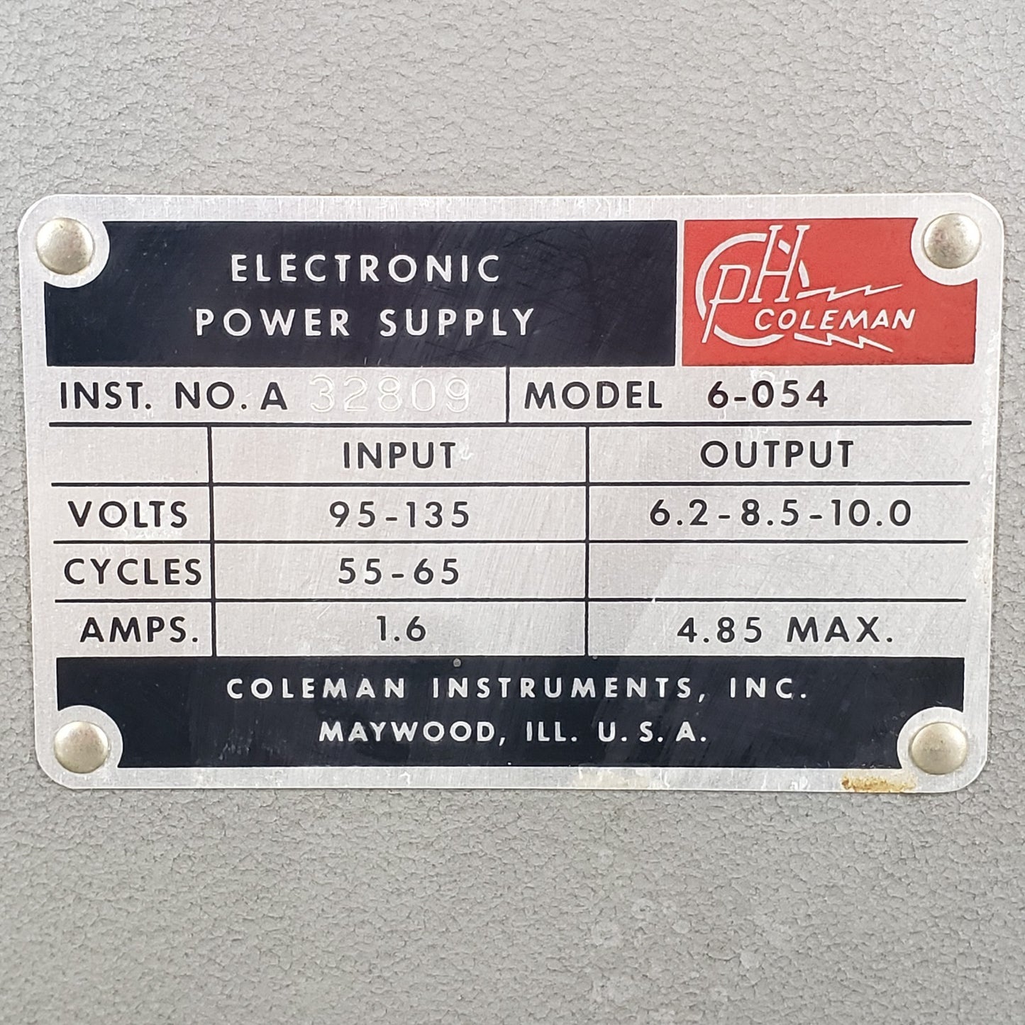 P.H. Coleman 6-054 Electronic Power Supply 6.2V 8.5V 10V Vintage Lab