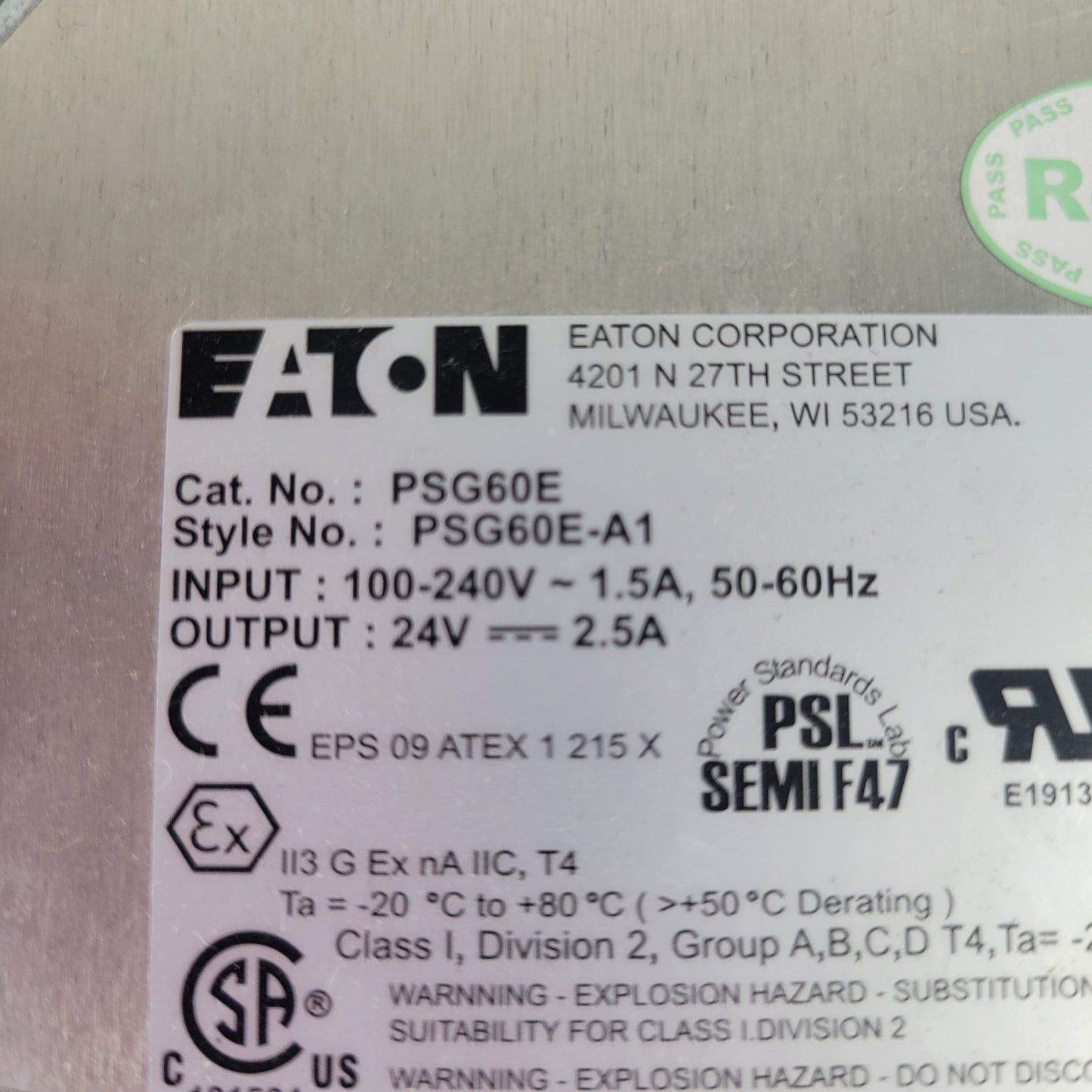 Eaton PSG60E PSG60E-A1 24VDC 2.5A 60W DIN Rail Power Supply 100-240VAC
