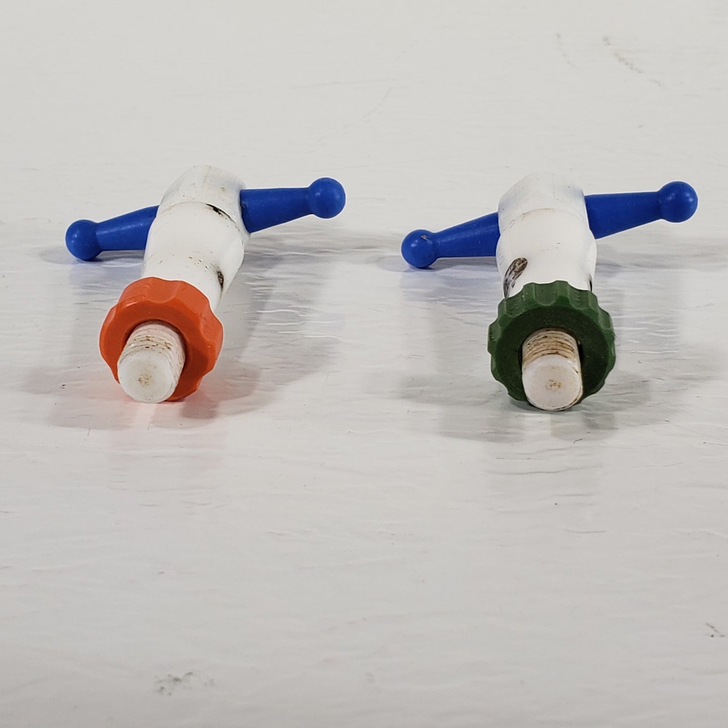 Two PTFE 13/24mm 2mm Bore Tapered Stopcocks, Blue w/Color Mismatch Screw-In Nuts