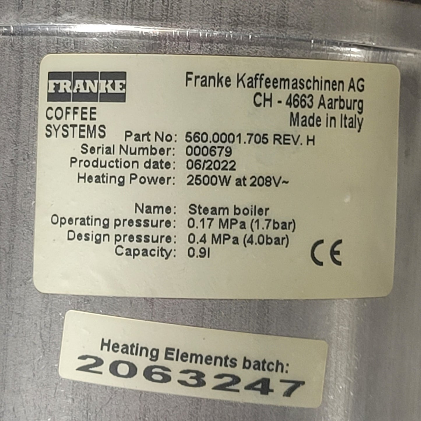 Franke 1560201 560.0001.705 Steam Boiler Assembly From an A800 Espresso Machine