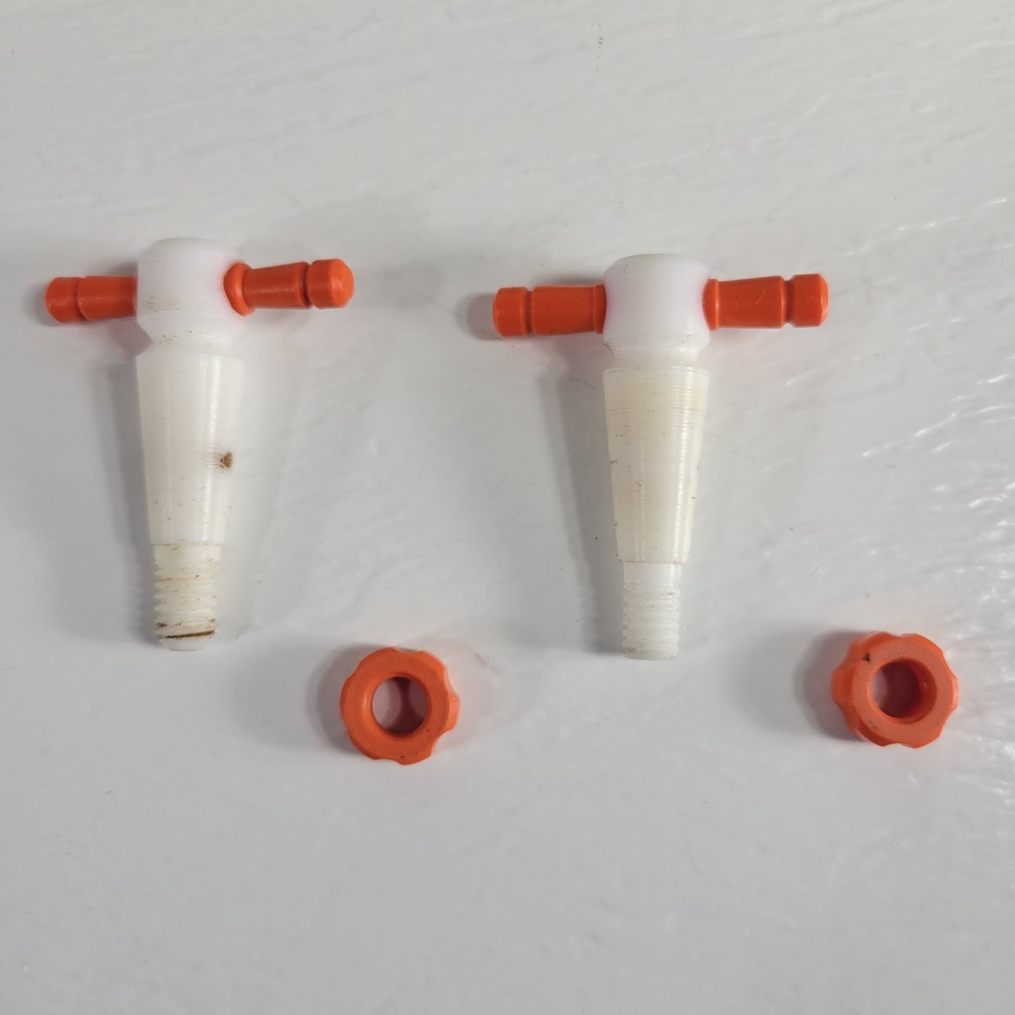 Two PTFE 12.3/24mm 2mm Bore Tapered Stopcocks for Glassware in Labs, Orange