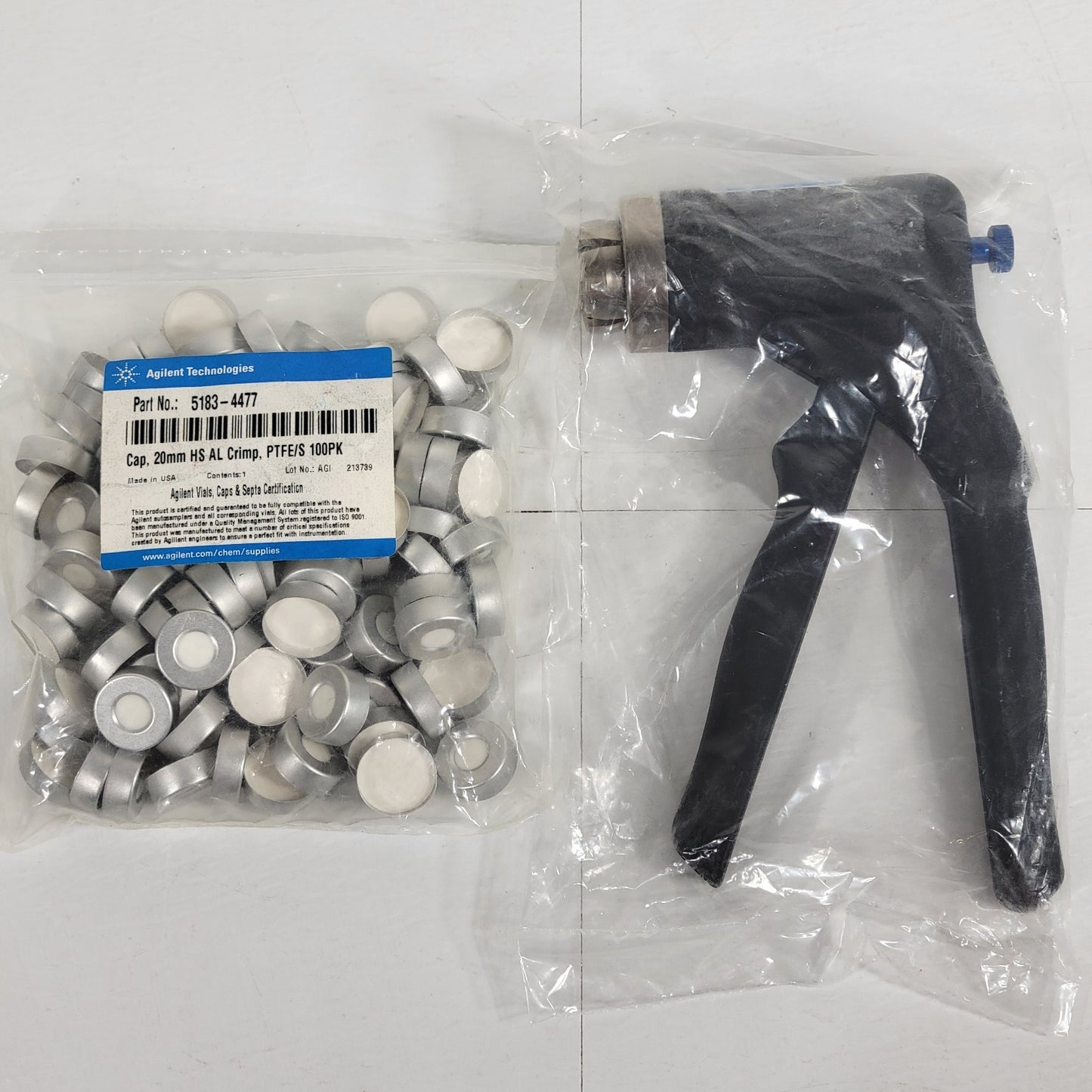 Agilent 5040-4669 Manual Crimper + 5183-4477 20mm PTFE/Silicone Caps 100pk