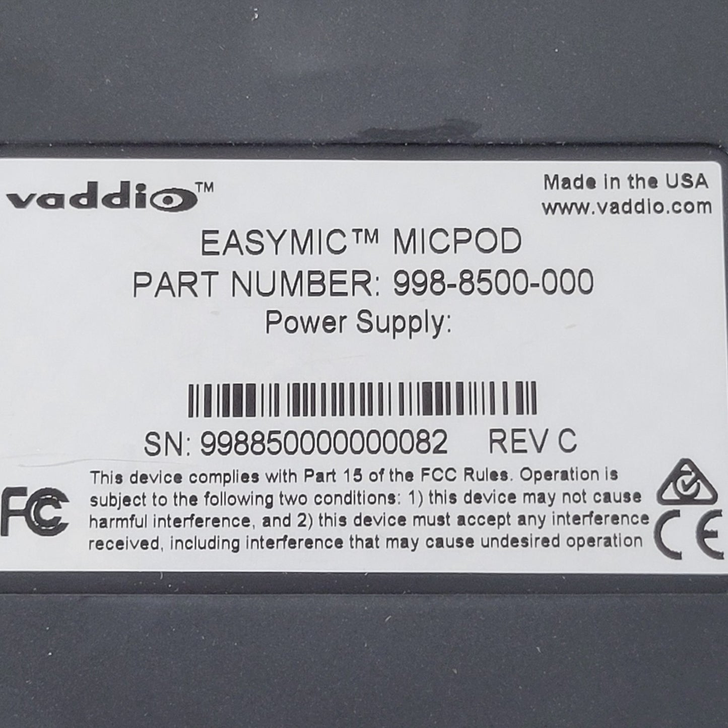 Vaddio 998-8500-000 EasyMic MicPOD Table Microphone w/ Cat5 Cable