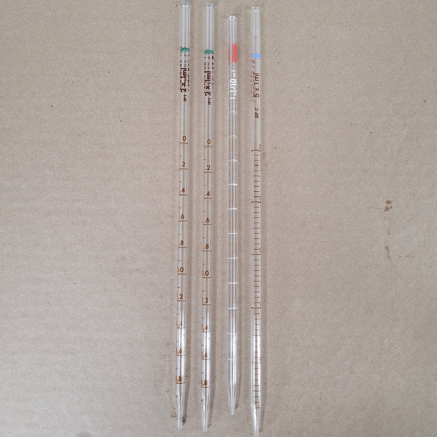 Lot 4 LabGlass/PYREX 1mL 2mL 5mL Glass TD Measuring Pipets Serological Mohr