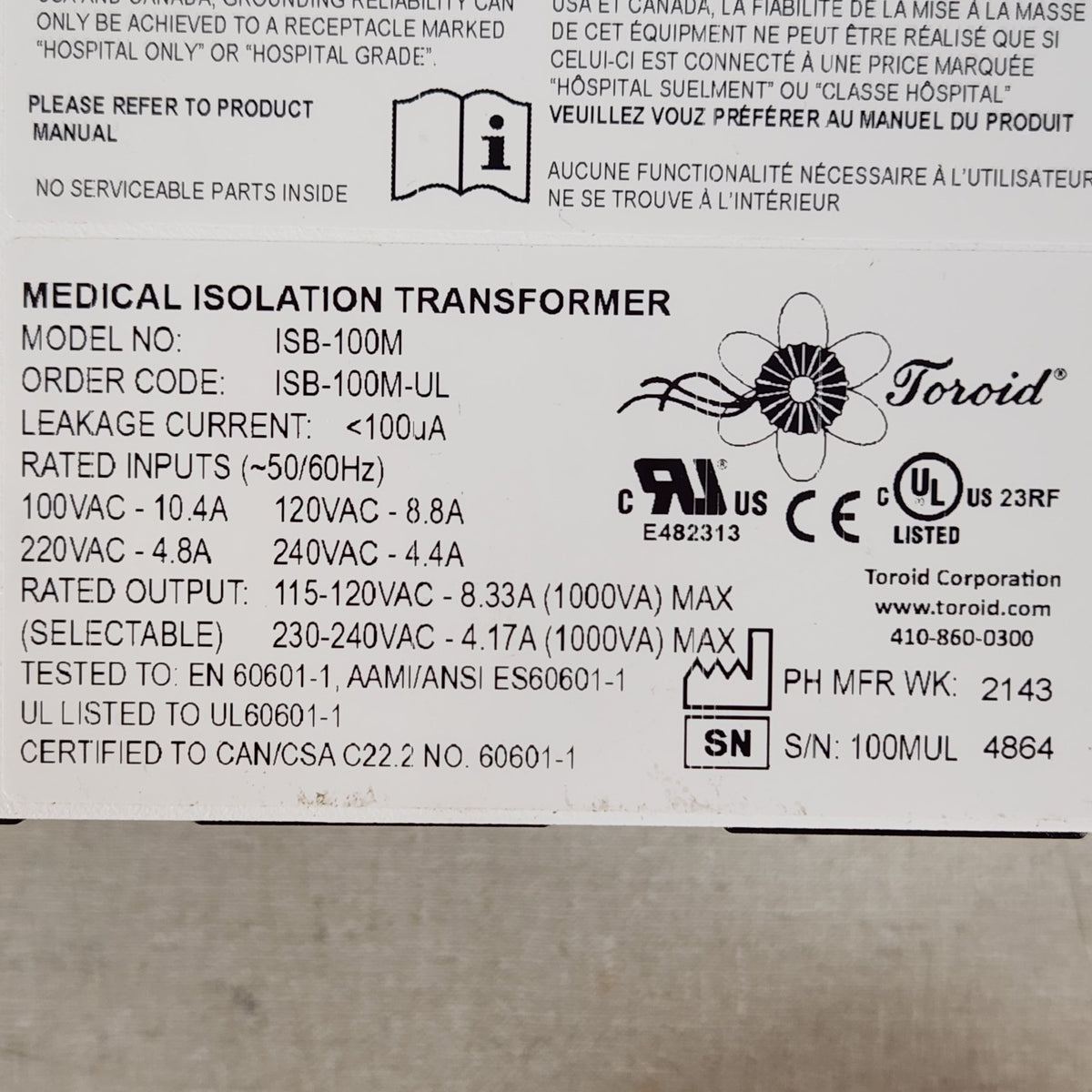 Toroid ISB-100M 1000VA Medical Grade Isolation Transformer 115/230V Tested
