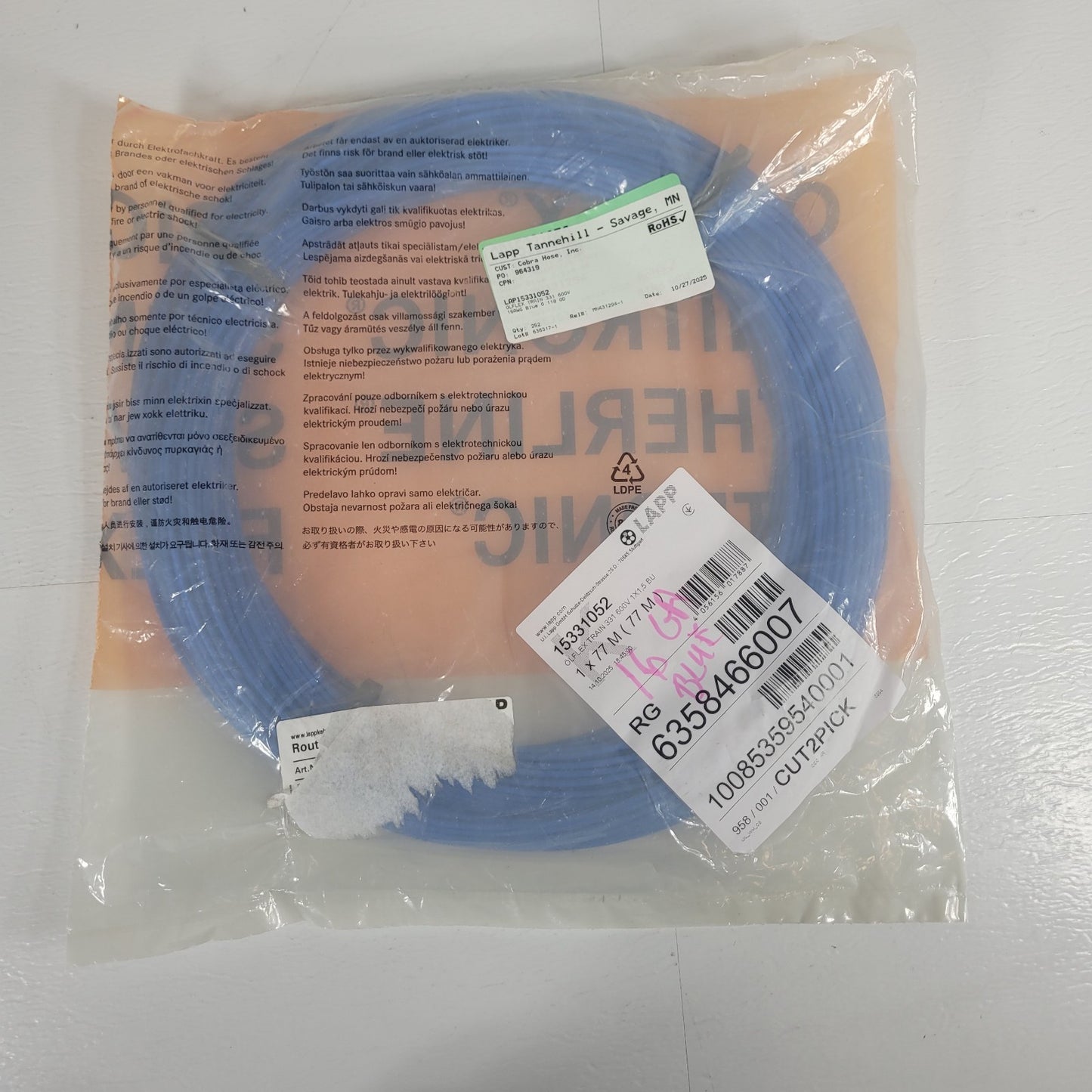 LAPP 15331052 OLFLEX TRAIN 331 600V 1x1.5mm Blue Rail Wire 240ft