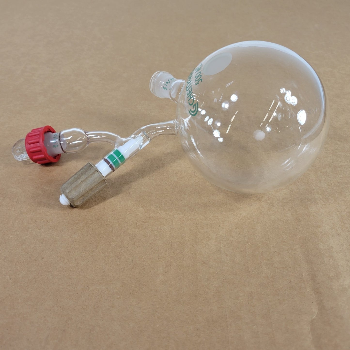 Chemglass 500mL Airfree Schlenk Storage Flask 14/20 Sidearm 0-8mm Chem-Cap Valve