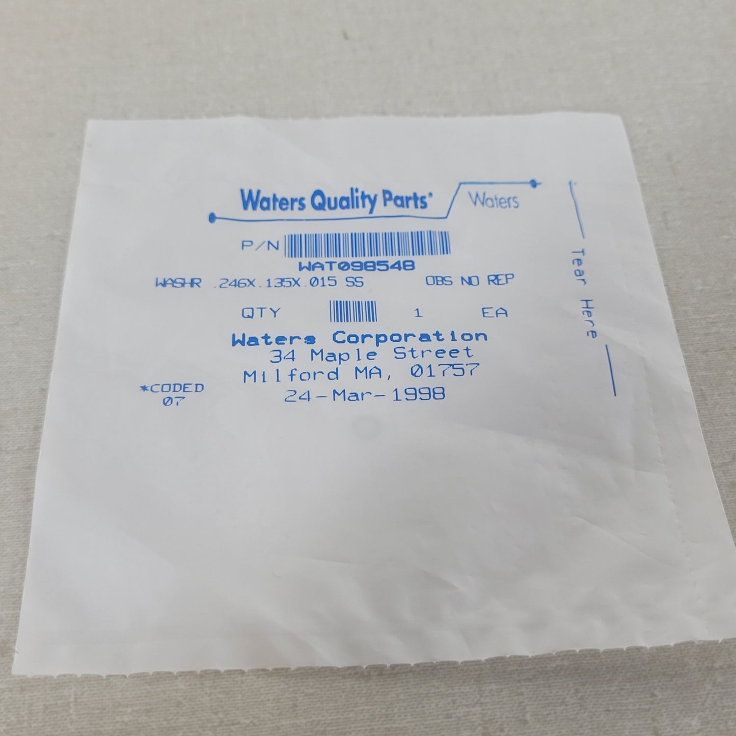 Waters WAT098548 Stainless Flat Washer for 510 600 HPLC Pump Inlet Manifold